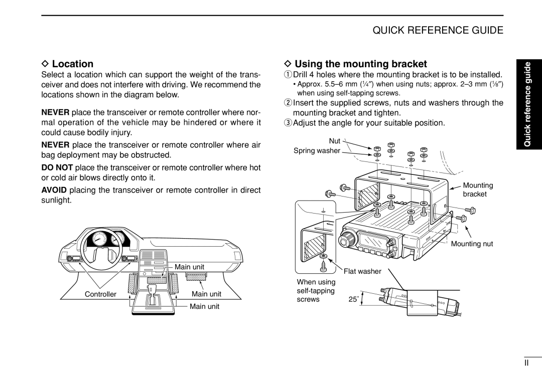 Icom IC-208H Location, Using the mounting bracket, Drill 4 holes where the mounting bracket is to be installed 