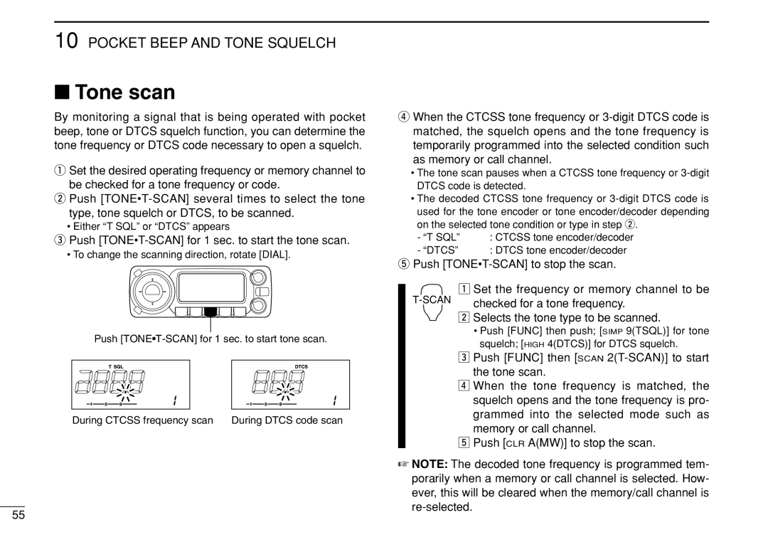 Icom IC-208H Tone scan, Push TONET-SCAN for 1 sec. to start the tone scan, Selects the tone type to be scanned 