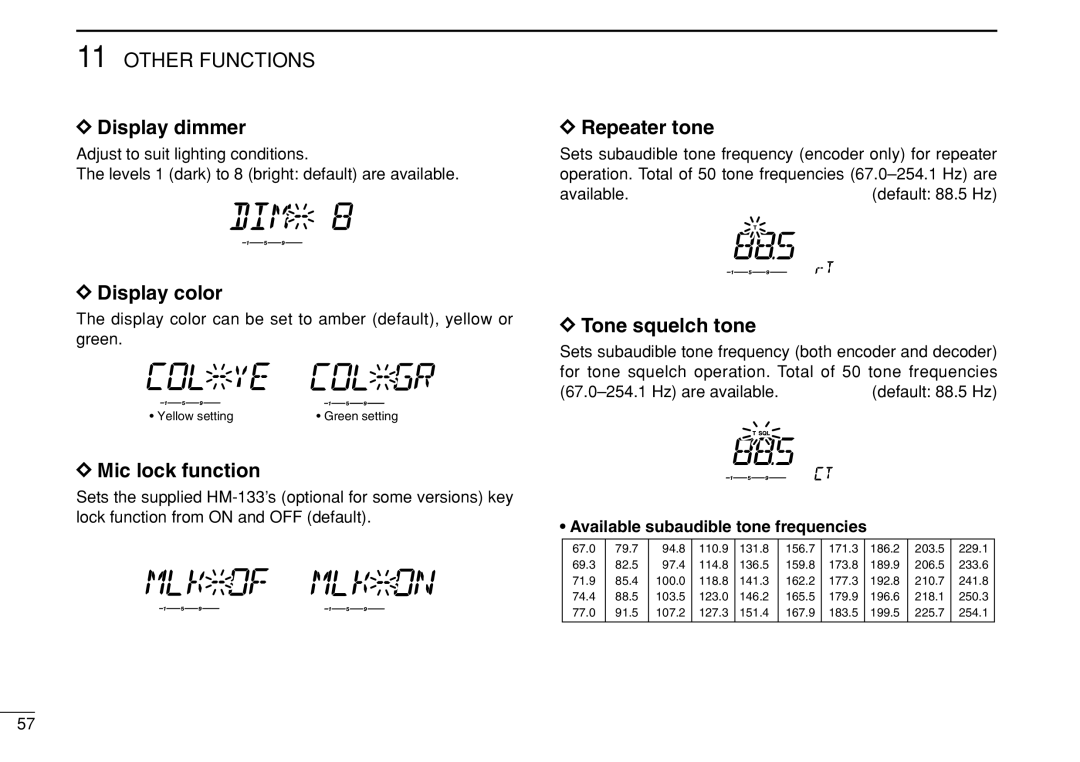 Icom IC-208H instruction manual Display dimmer, Display color, Repeater tone, Tone squelch tone, DMic lock function 