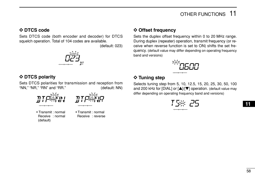 Icom IC-208H instruction manual Dtcs code, Offset frequency, Dtcs polarity, Tuning step 