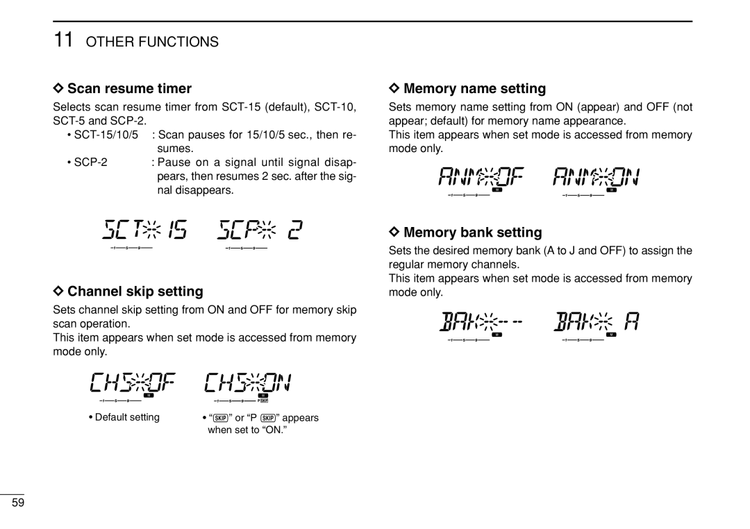 Icom IC-208H instruction manual Scan resume timer, Memory name setting, Channel skip setting, Memory bank setting 