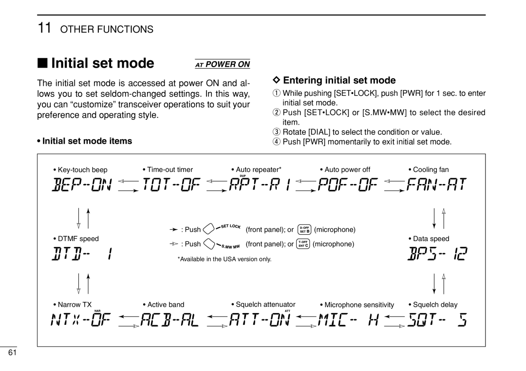 Icom IC-208H instruction manual Initial set mode, Entering initial set mode 