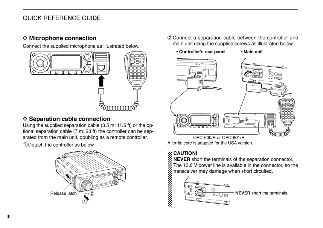 Icom IC-208H Microphone connection, Separation cable connection, Connect the supplied microphone as illustrated below 