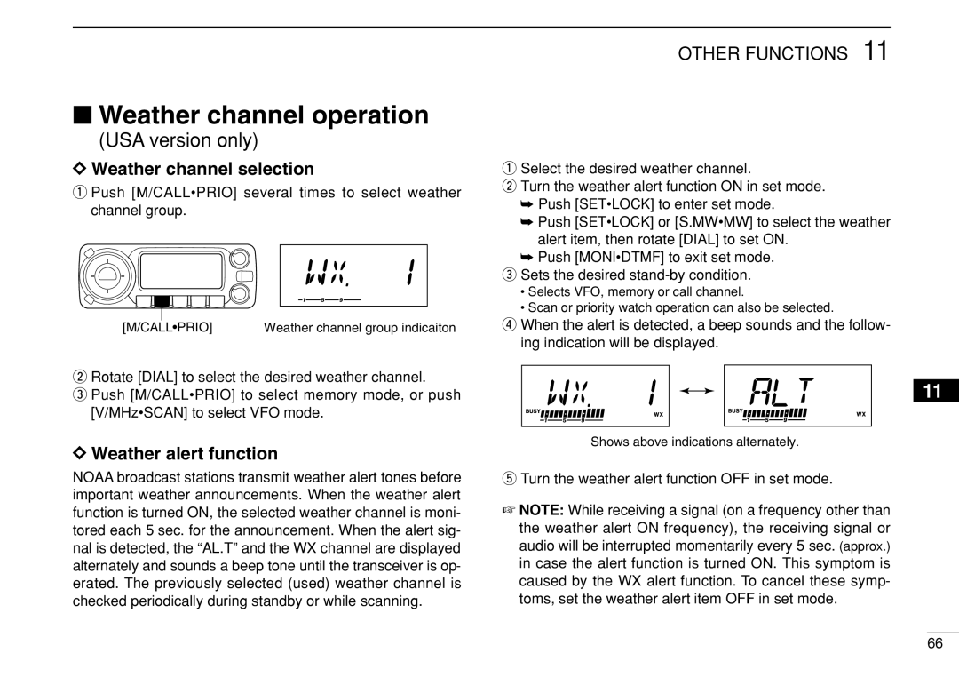 Icom IC-208H instruction manual Weather channel operation, Weather channel selection, Weather alert function 