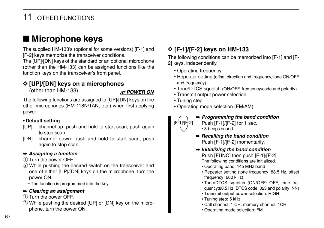 Icom IC-208H Microphone keys, UP/DN keys on a microphones, 1/F-2 keys on HM-133, Default setting, Push F-1/F-2 for 1 sec 