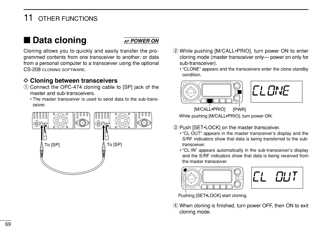 Icom IC-208H instruction manual Cloning between transceivers, Push Setlock on the master transceiver 