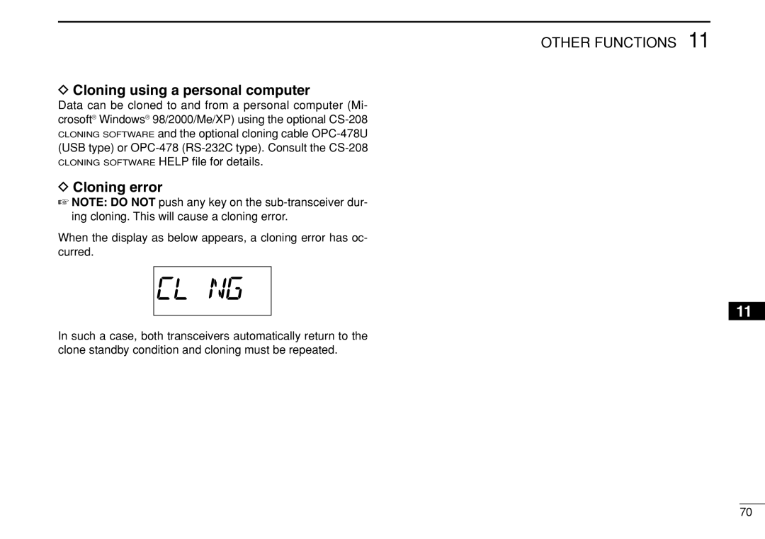 Icom IC-208H instruction manual Cloning using a personal computer, Cloning error 