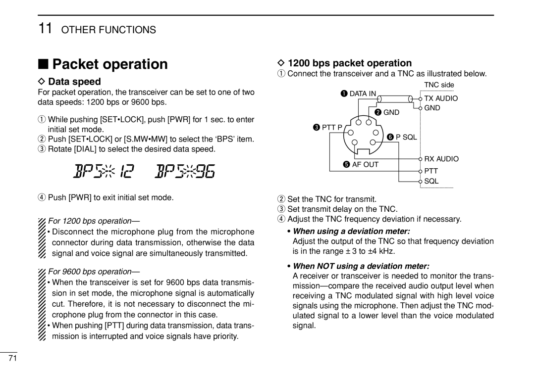 Icom IC-208H Packet operation, Bps packet operation, Data speed, Connect the transceiver and a TNC as illustrated below 