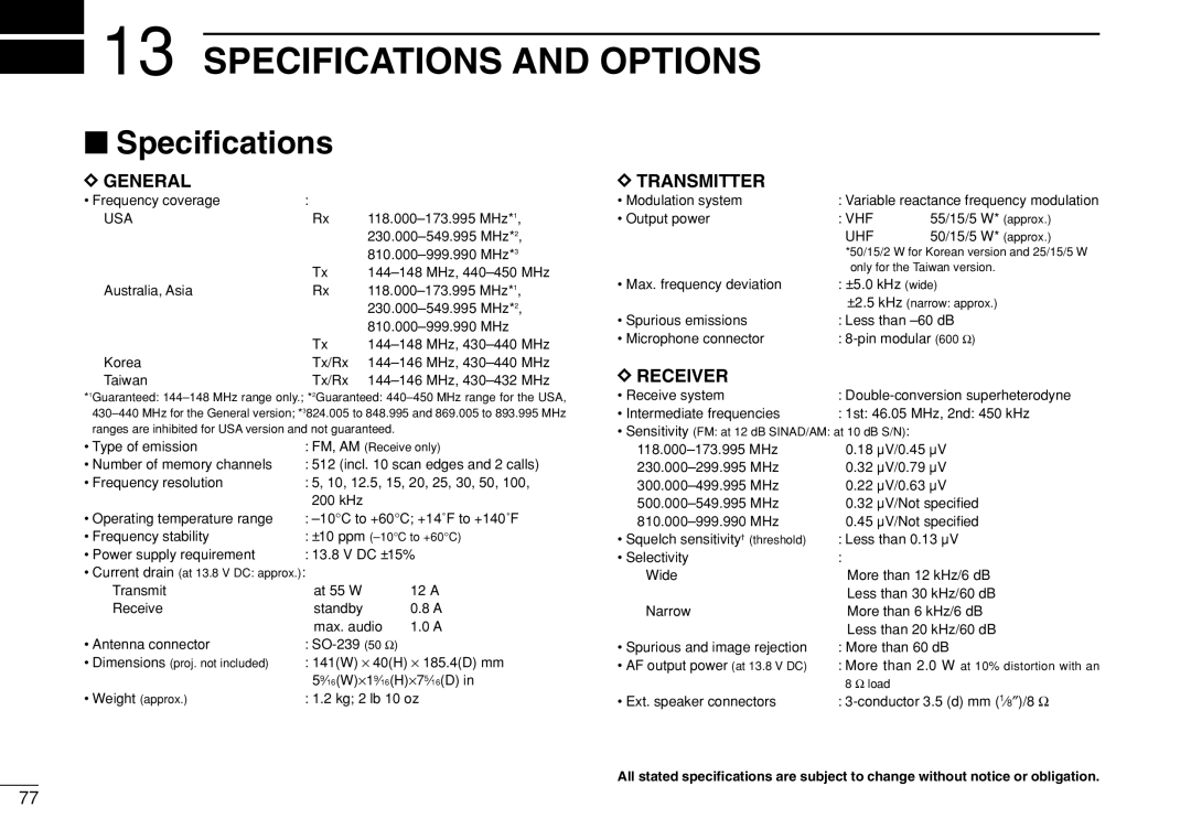 Icom IC-208H instruction manual Specifications and Options, Speciﬁcations, Dgeneral, Dtransmitter, Dreceiver 