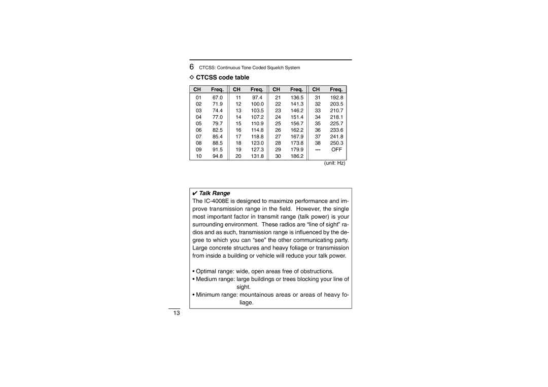 Icom IC-4008E instruction manual Ctcss code table, Freq 