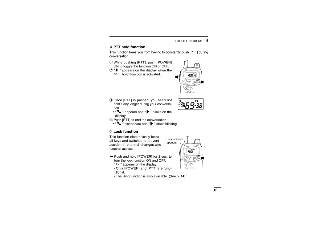 Icom IC-4008E instruction manual PTT hold function, Lock function 