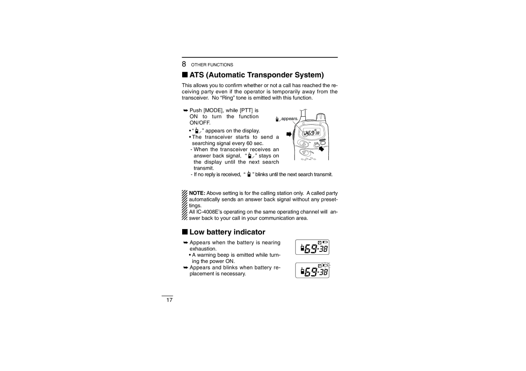 Icom IC-4008E instruction manual ‘ ATS Automatic Transponder System, ‘ Low battery indicator 