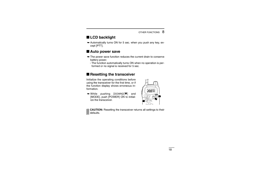 Icom IC-4008E instruction manual ‘ LCD backlight, ‘ Auto power save, ‘ Resetting the transceiver 