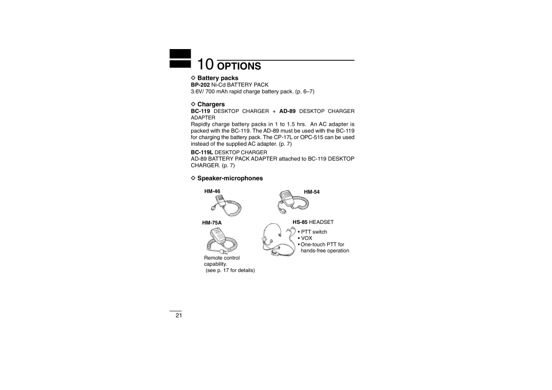 Icom IC-4008E instruction manual Options, Battery packs, Chargers, Speaker-microphones 