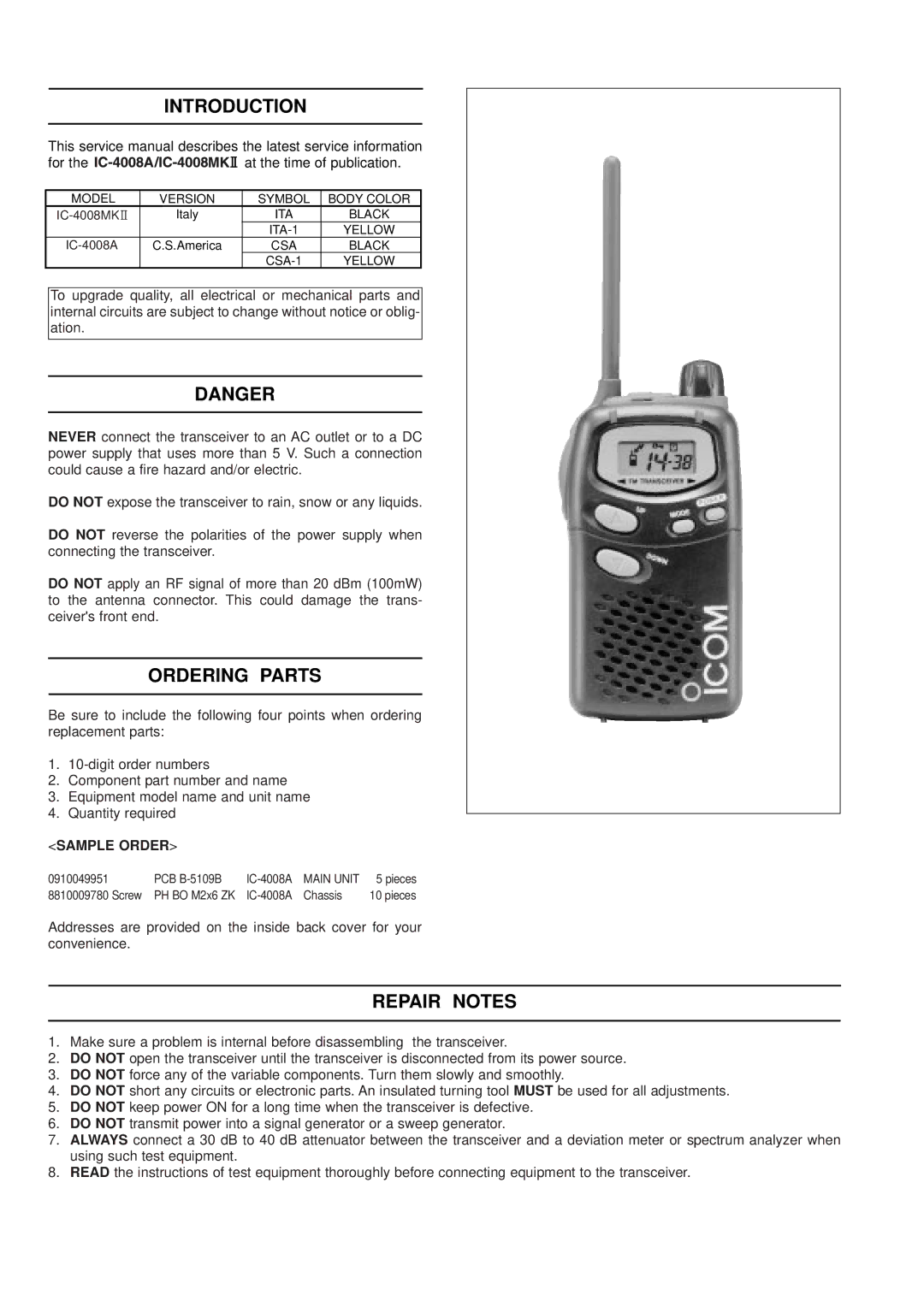 Icom IC-4008MKII service manual Introduction, Ordering Parts, Repair Notes 