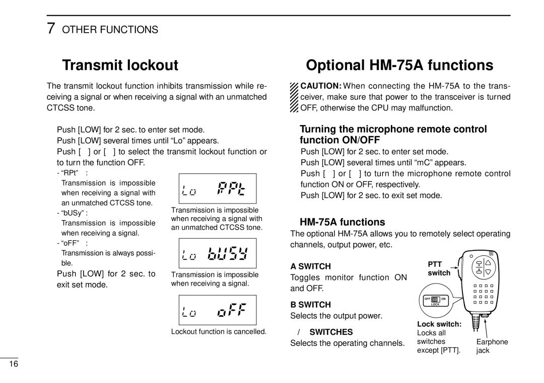 Icom IC-40S Transmit lockout, Optional HM-75A functions, Turning the microphone remote control function ON/OFF 