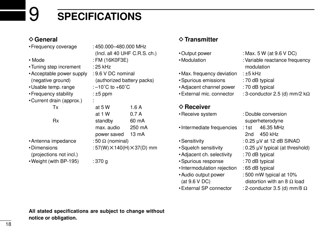 Icom IC-40S instruction manual Specifications, DGeneral DTransmitter, DReceiver, Current drain approx 