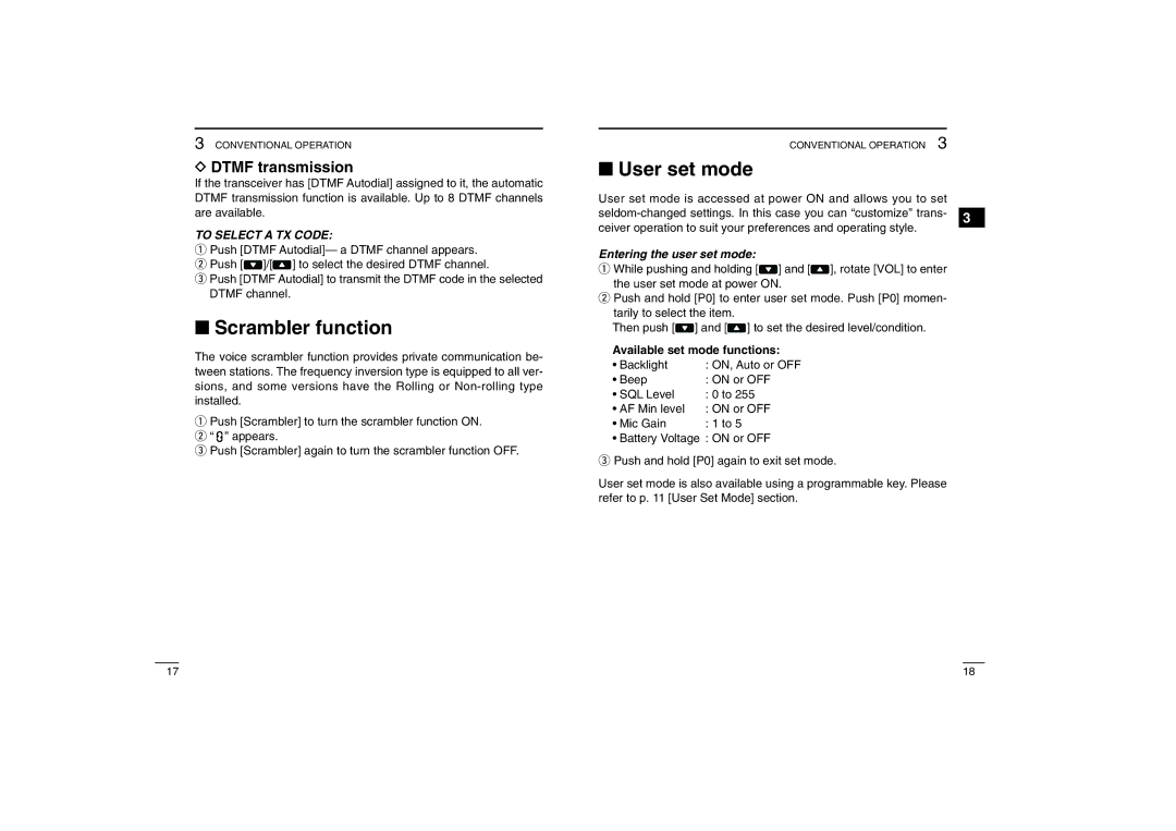 Icom IC-460, IC-450 Scrambler function, User set mode, Dtmf transmission, To Select a TX Code, Entering the user set mode 