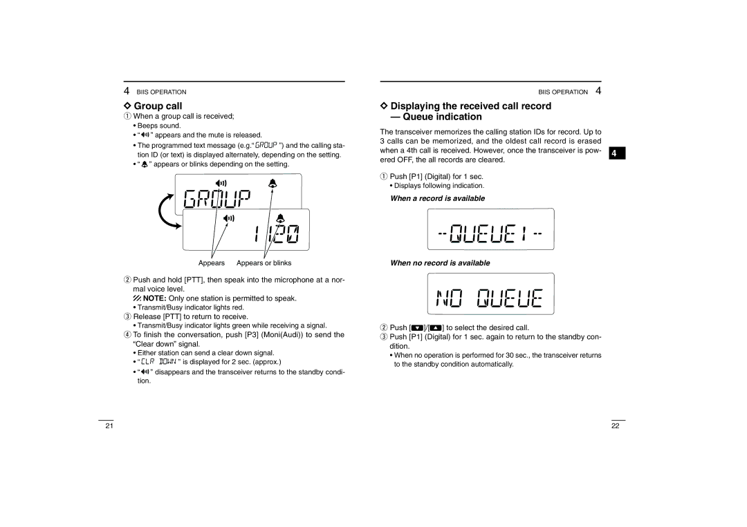 Icom IC-460, IC-450 instruction manual Group call, Displaying the received call record Queue indication 