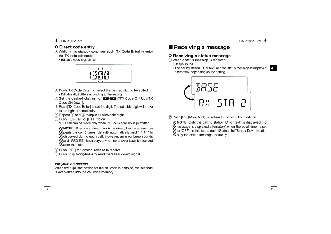 Icom IC-460, IC-450 Receiving a message, Direct code entry, Receiving a status message, For your information 