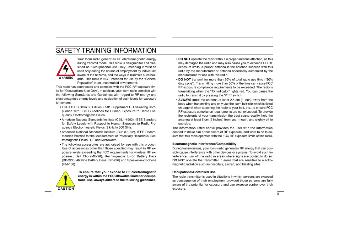 Icom IC-450, IC-460 instruction manual Safety Training Information 