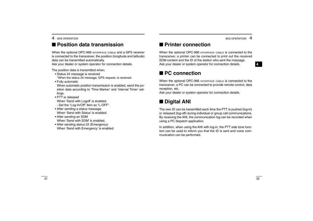 Icom IC-450, IC-460 instruction manual Position data transmission, Printer connection, PC connection, Digital ANI 