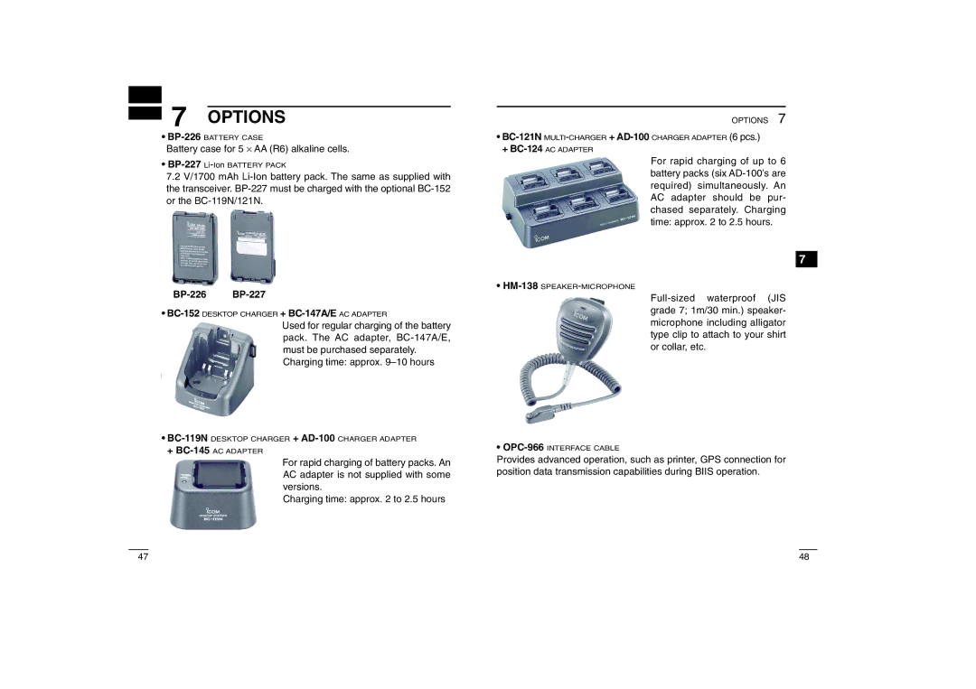 Icom IC-450, IC-460 instruction manual Options, BP-226 BP-227 