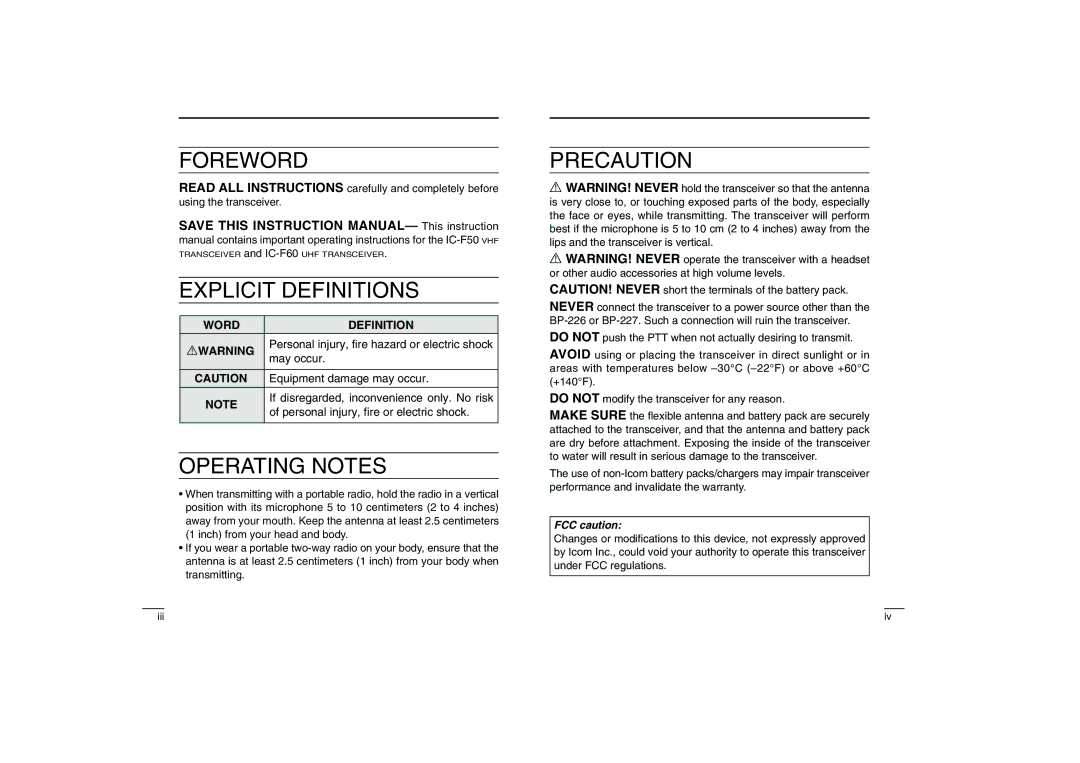 Icom IC-460, IC-450 instruction manual Explicit Definitions, FCC caution 