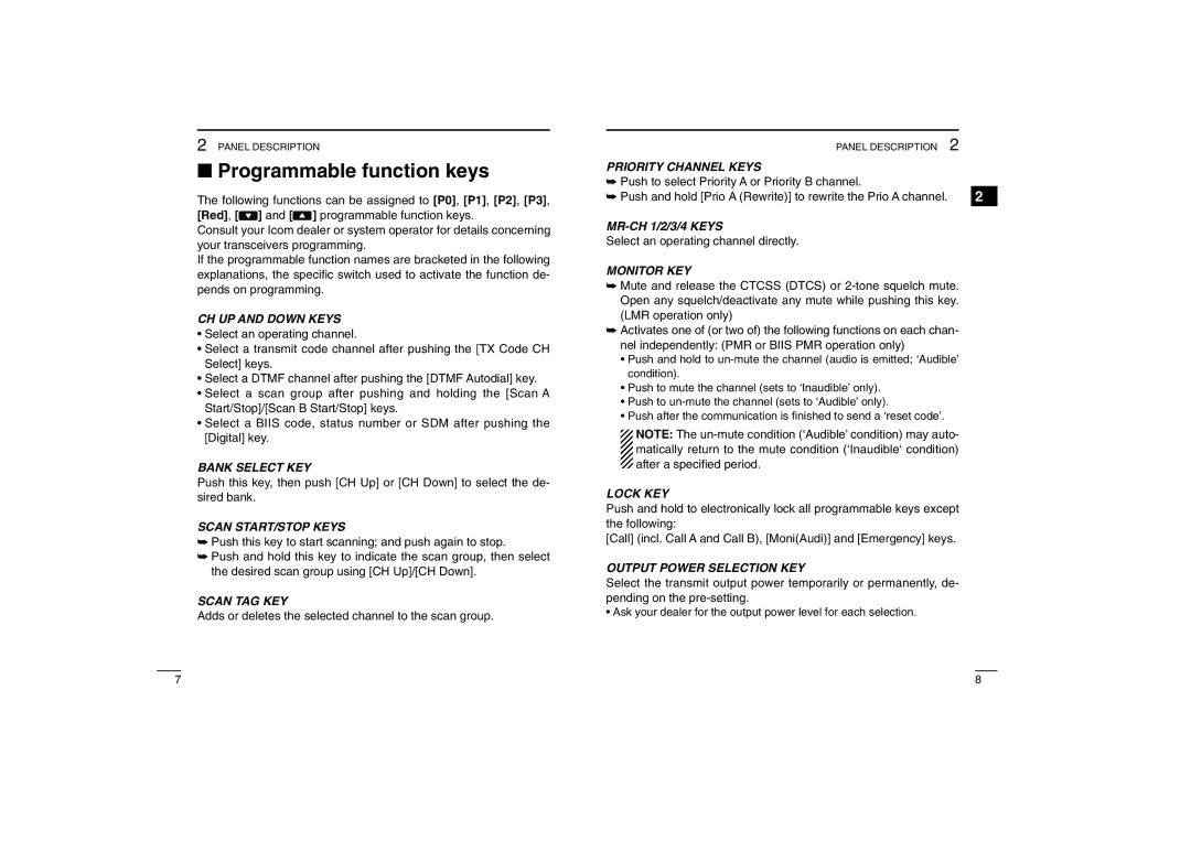 Icom IC-450, IC-460 instruction manual Programmable function keys 