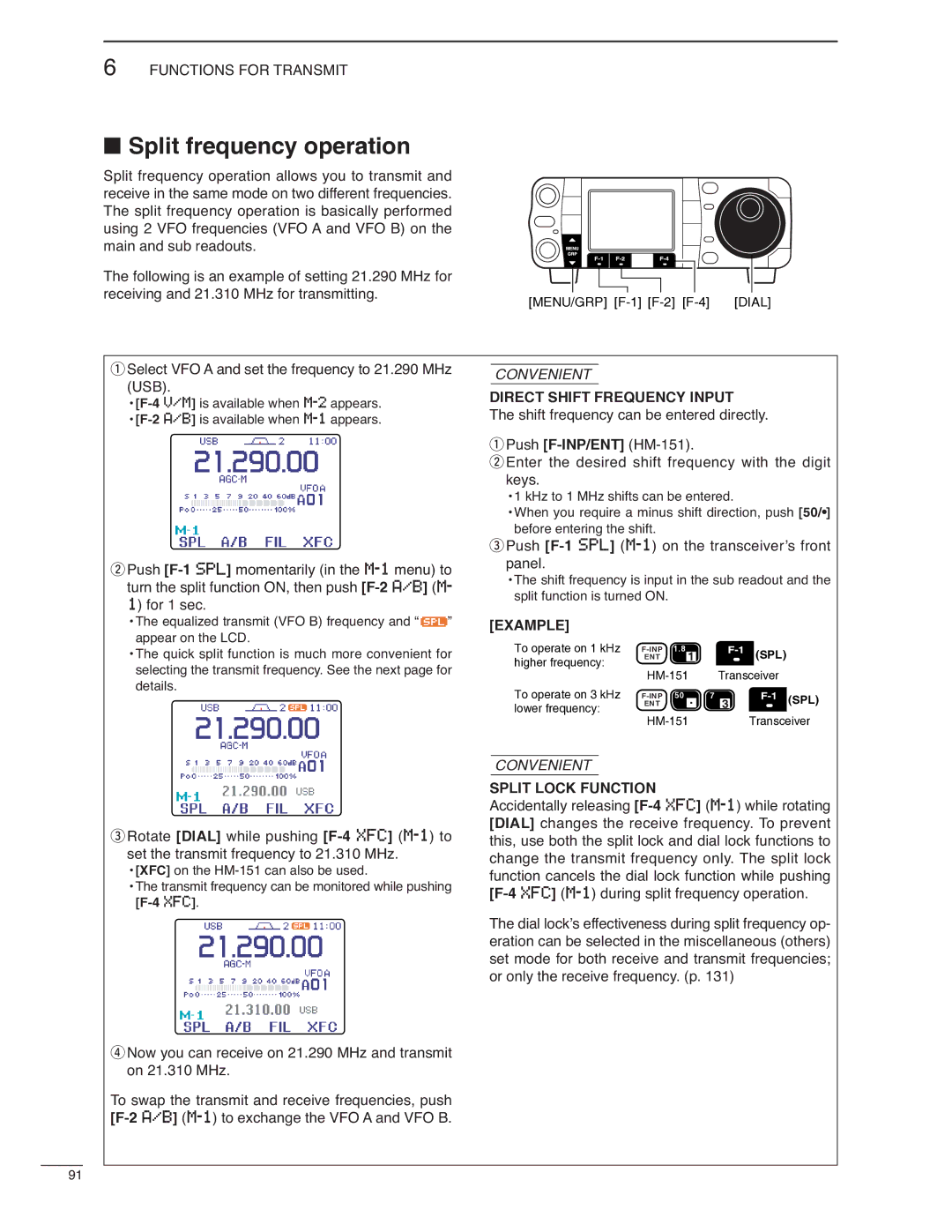 Icom IC-7000 Split frequency operation, Select VFO a and set the frequency to 21.290 MHz USB, Direct Shift Frequency Input 