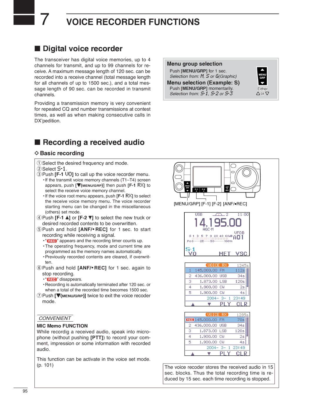 Icom IC-7000 Voice Recorder Functions, Digital voice recorder, Recording a received audio, Basic recording 