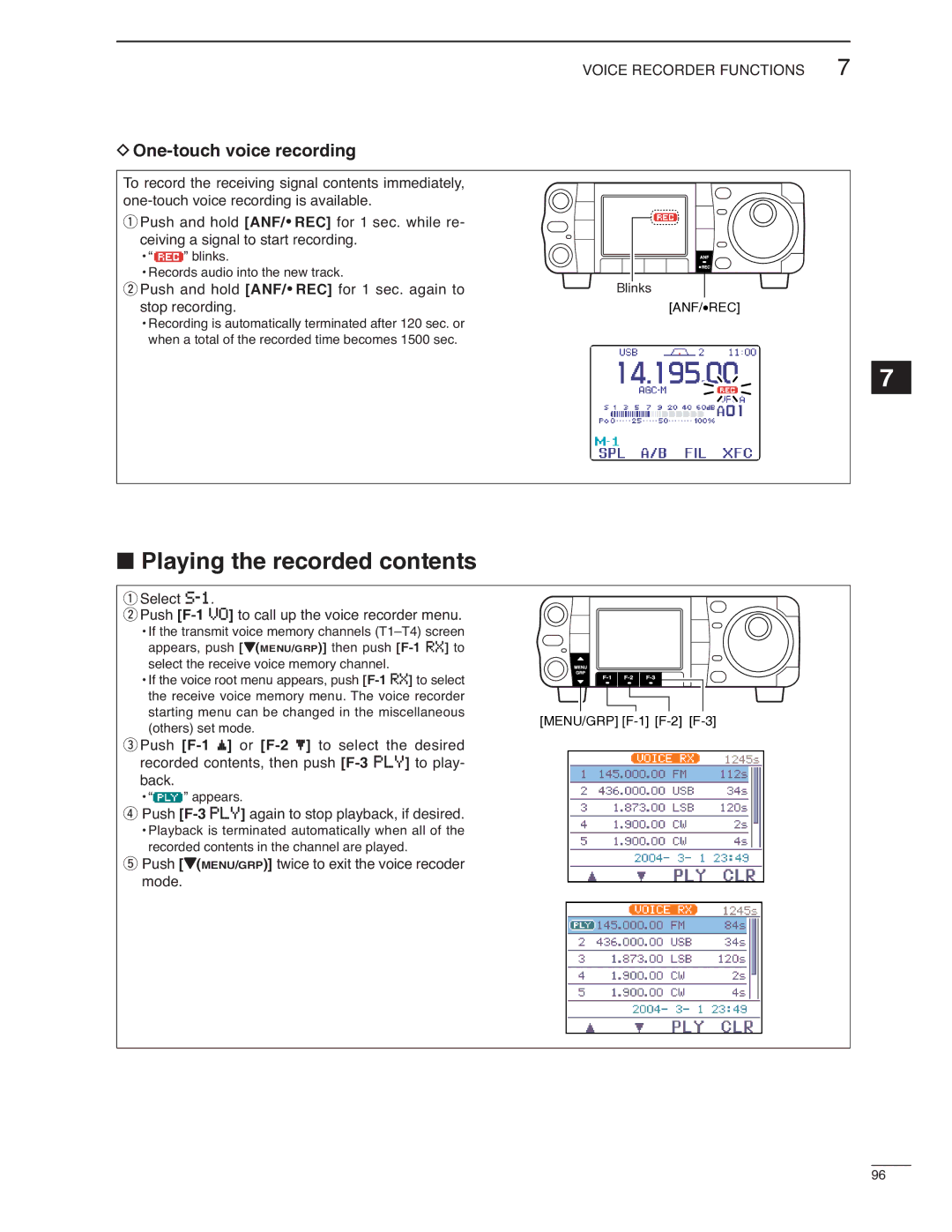 Icom IC-7000 instruction manual Playing the recorded contents 