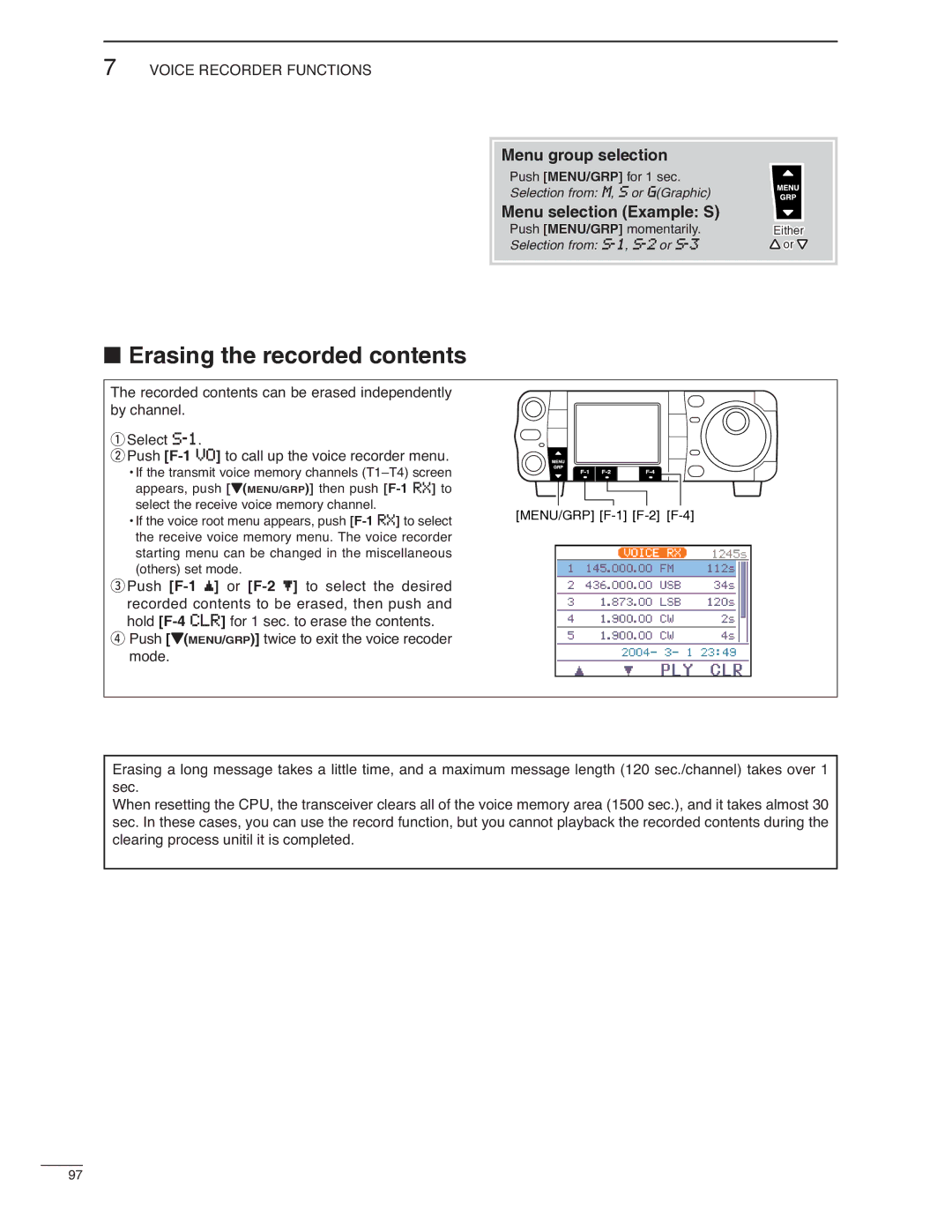 Icom IC-7000 instruction manual Erasing the recorded contents 