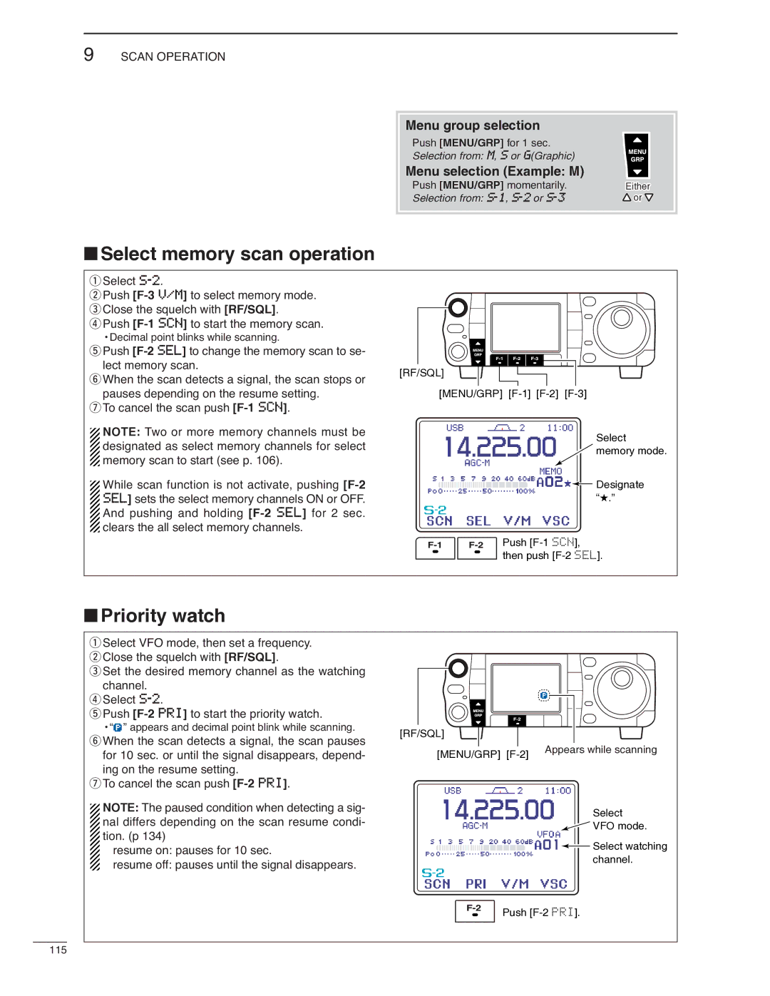 Icom IC-7000 instruction manual Select memory scan operation, Priority watch 