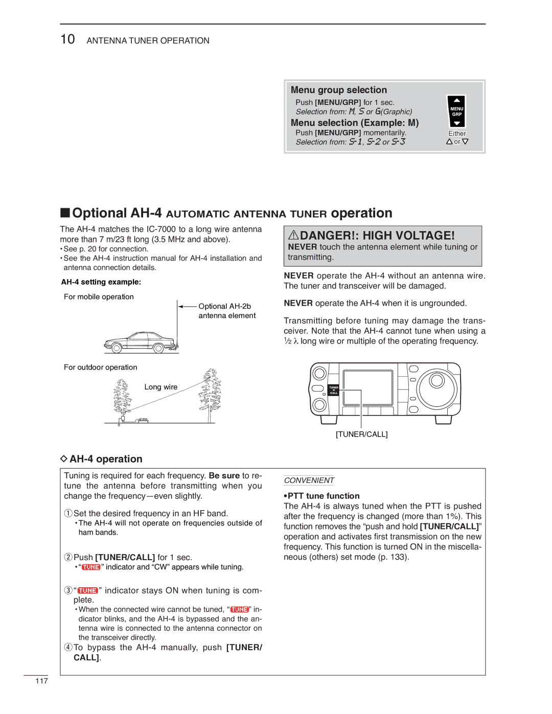 Icom IC-7000 instruction manual AH-4 operation, PTT tune function 