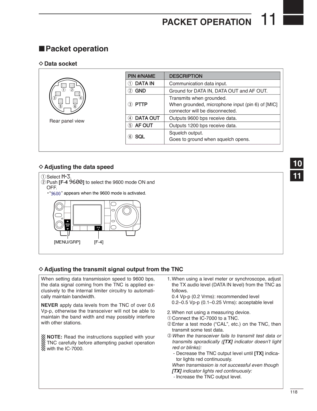 Icom IC-7000 instruction manual Packet Operation, Packet operation, Adjusting the data speed 