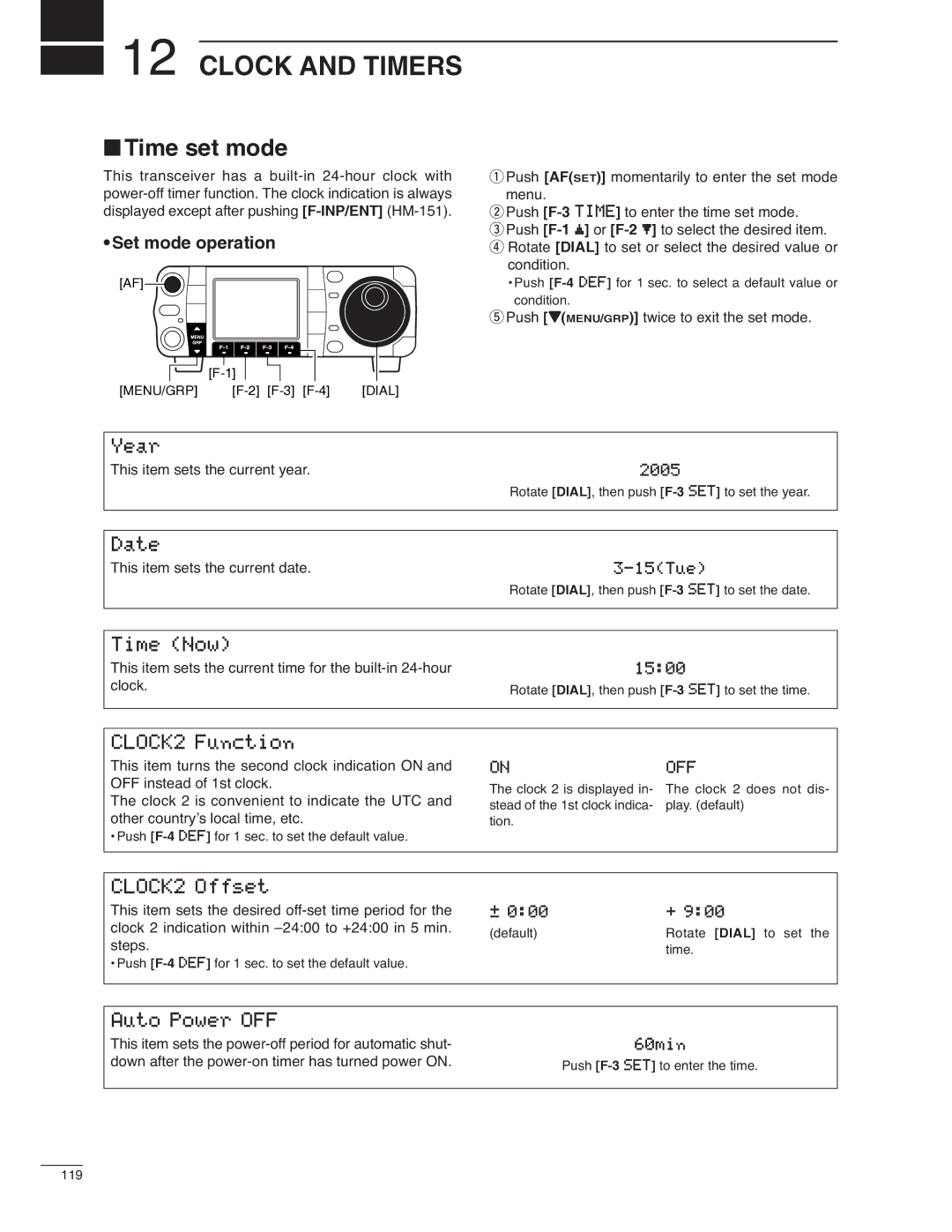 Icom IC-7000 instruction manual Clock and Timers, Time set mode 