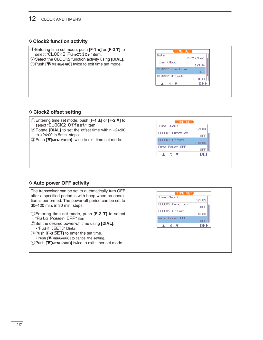 Icom IC-7000 instruction manual Clock2 function activity, Clock2 offset setting, Auto power OFF activity 