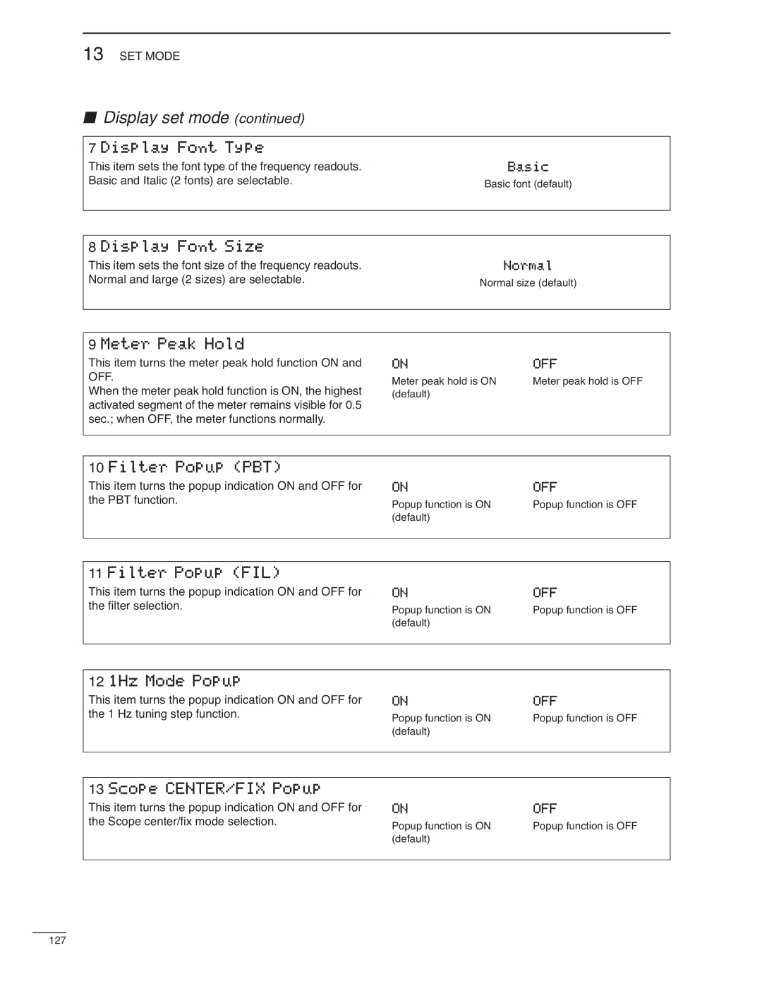 Icom IC-7000 Display Font Type, Display Font Size, Meter Peak Hold, Filter Popup PBT, Filter Popup FIL, 12 1Hz Mode Popup 