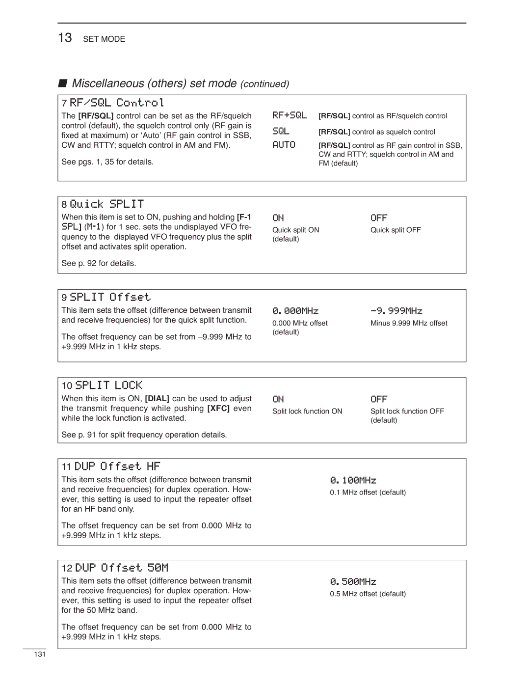 Icom IC-7000 instruction manual RF/SQL Control, Quick Split, Split Offset, DUP Offset HF, DUP Offset 50M 