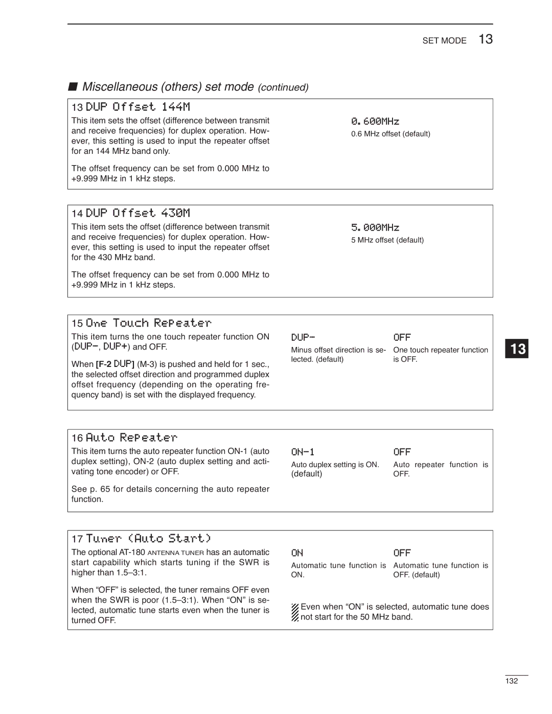 Icom IC-7000 instruction manual DUP Offset 144M, DUP Offset 430M, One Touch Repeater, Auto Repeater, Tuner Auto Start 