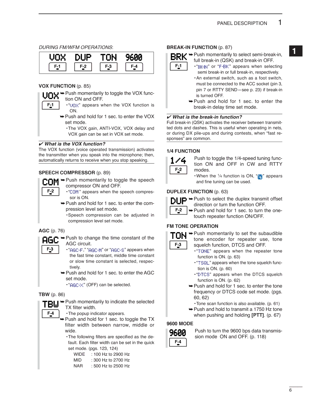 Icom IC-7000 instruction manual Function, FM Tone Operation 