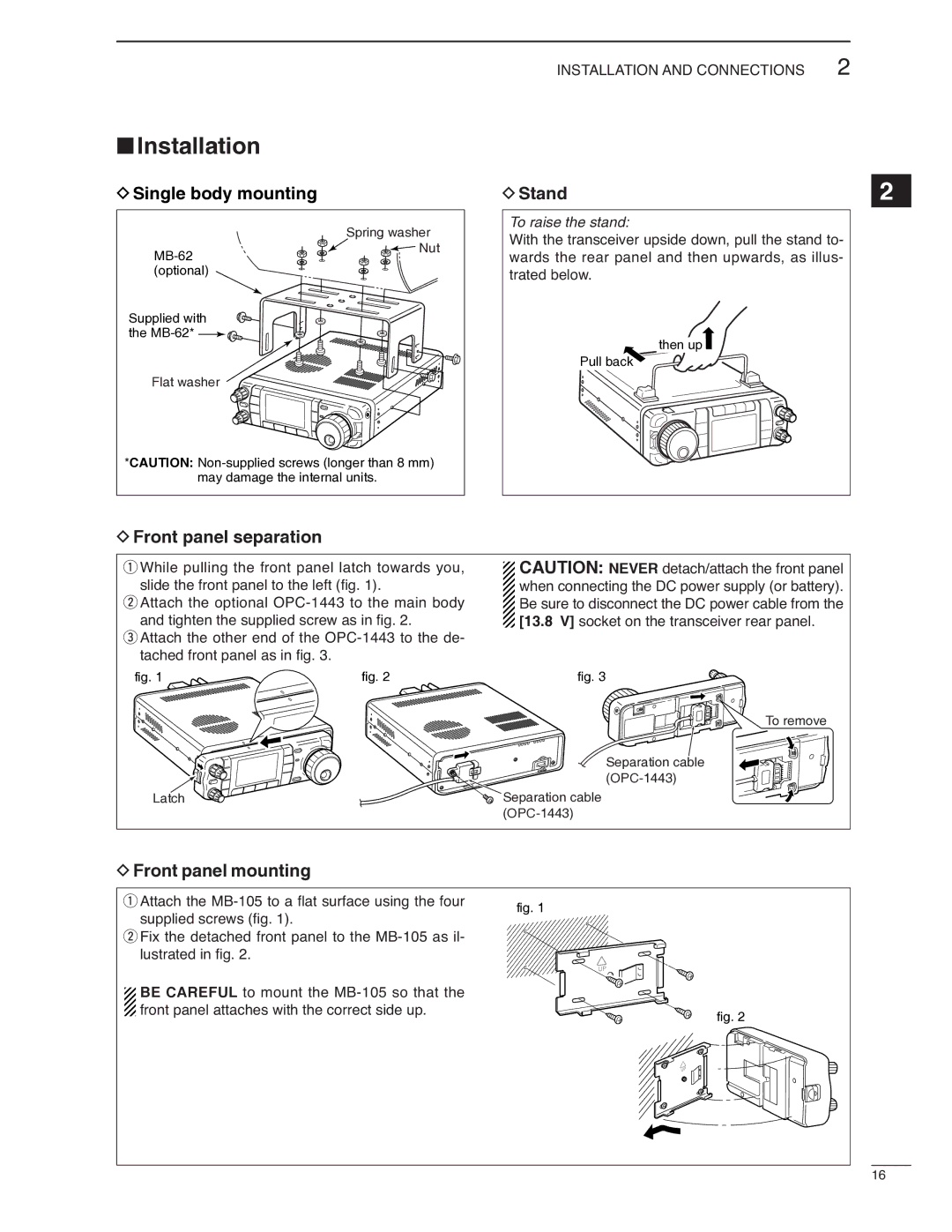 Icom IC-7000 instruction manual Installation, Stand, Front panel separation, Front panel mounting 