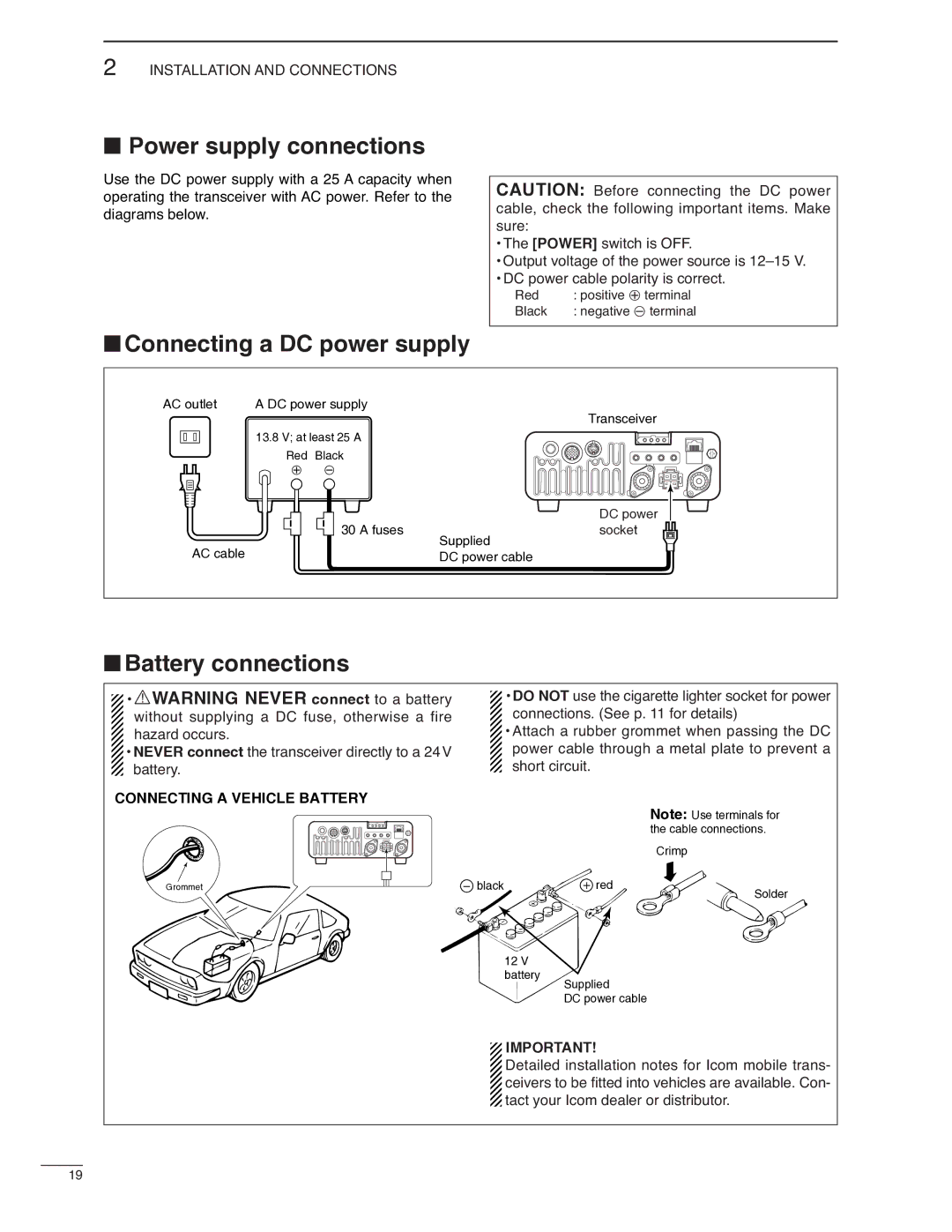 Icom IC-7000 instruction manual Power supply connections, Connecting a DC power supply, Battery connections 