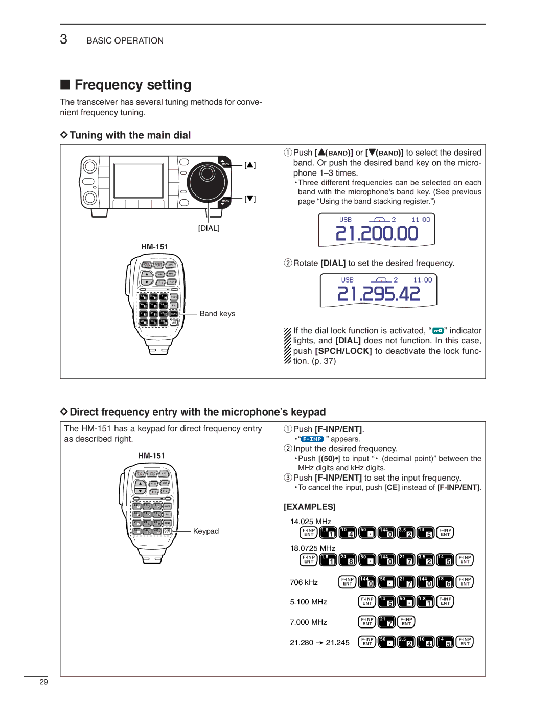 Icom IC-7000 Frequency setting, Tuning with the main dial, Direct frequency entry with the microphone’s keypad 