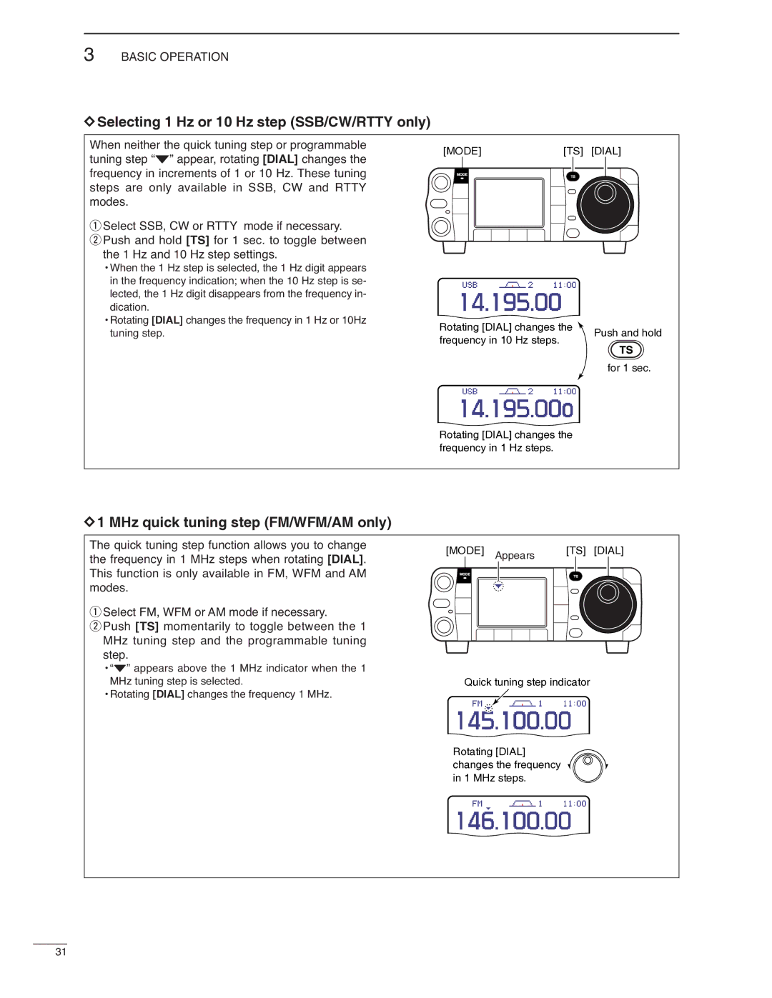 Icom IC-7000 instruction manual Selecting 1 Hz or 10 Hz step SSB/CW/RTTY only, MHz quick tuning step FM/WFM/AM only 