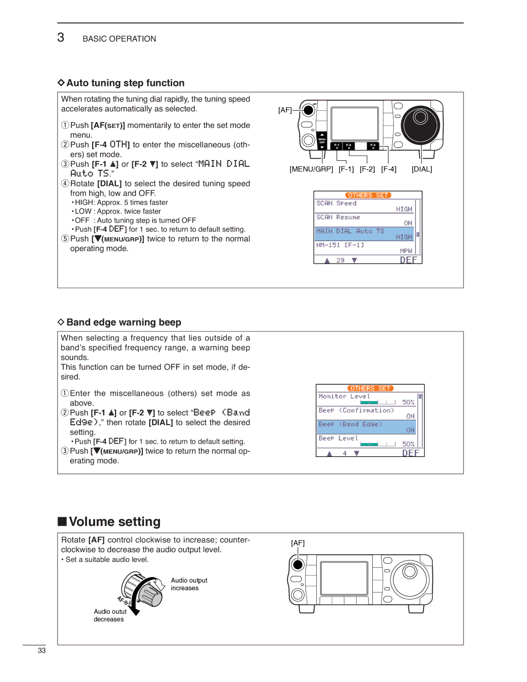 Icom IC-7000 instruction manual Volume setting, Auto tuning step function, Band edge warning beep 