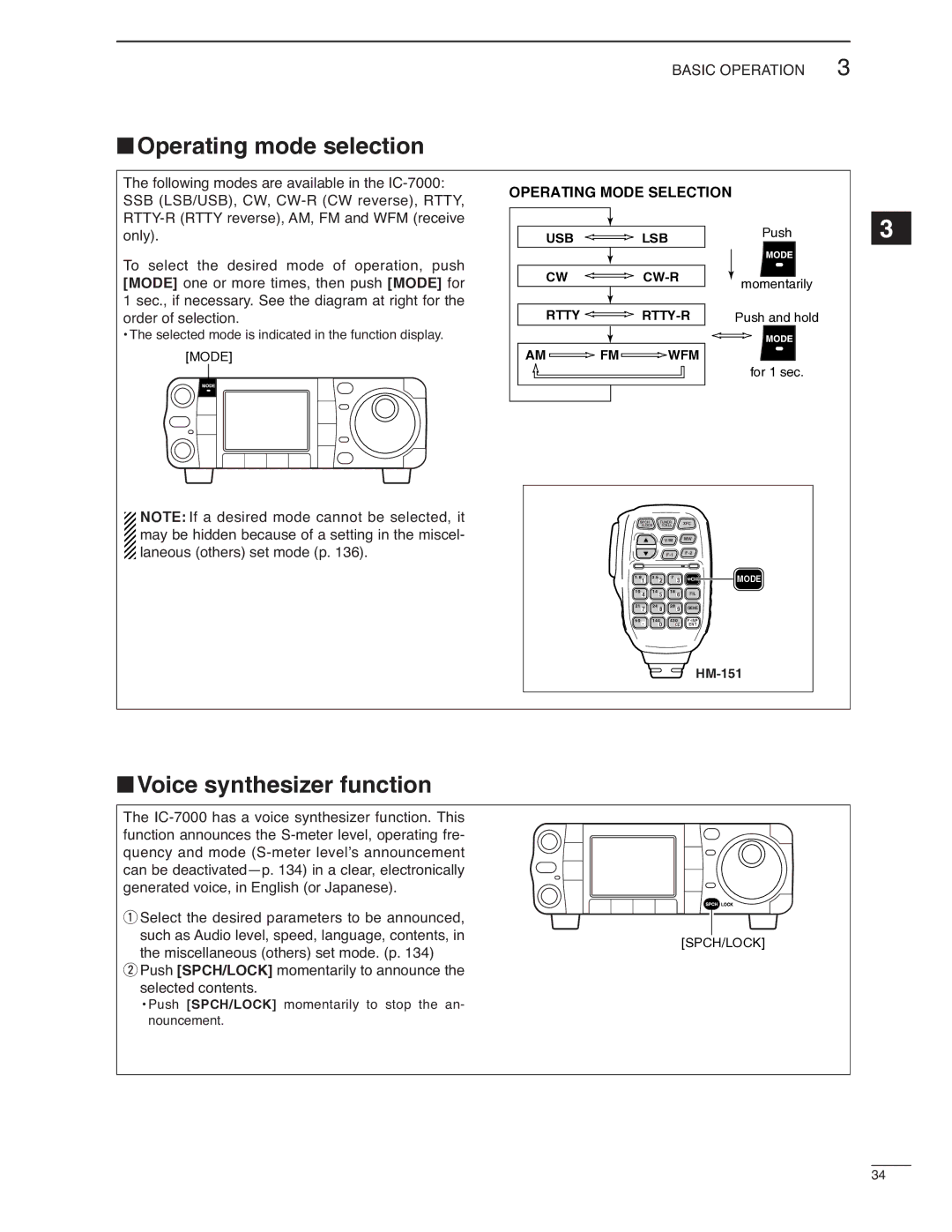 Icom IC-7000 instruction manual Operating mode selection, Voice synthesizer function 