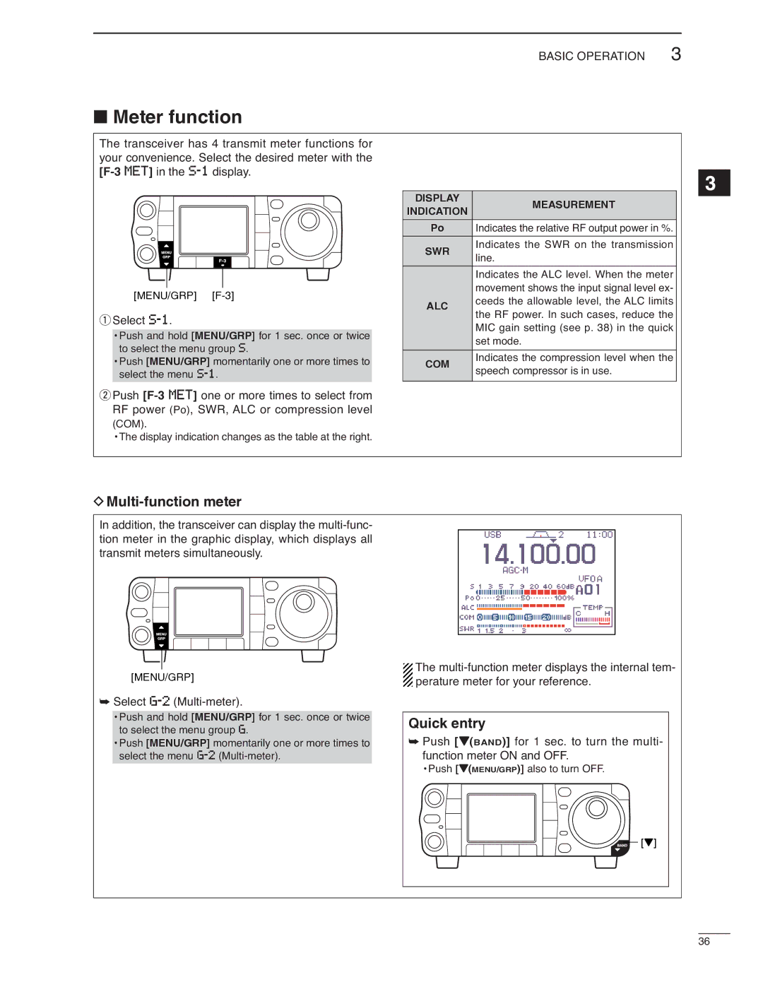 Icom IC-7000 instruction manual Meter function, Multi-function meter, Quick entry, Select S-1, Select G-2Multi-meter 