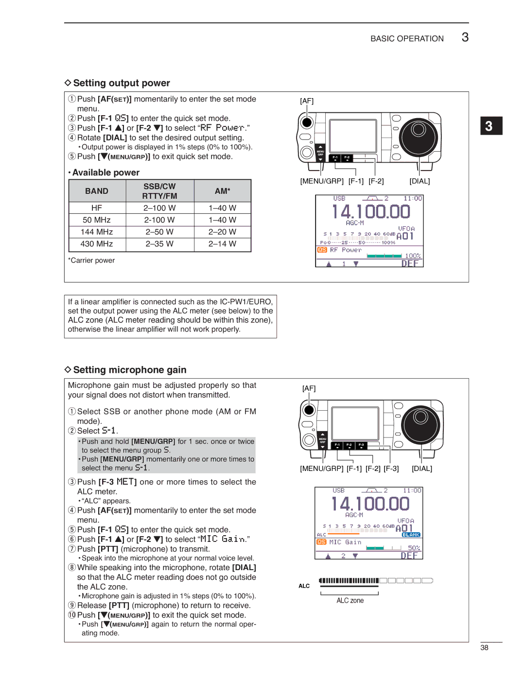 Icom IC-7000 instruction manual Setting output power, Setting microphone gain, Band SSB/CW 